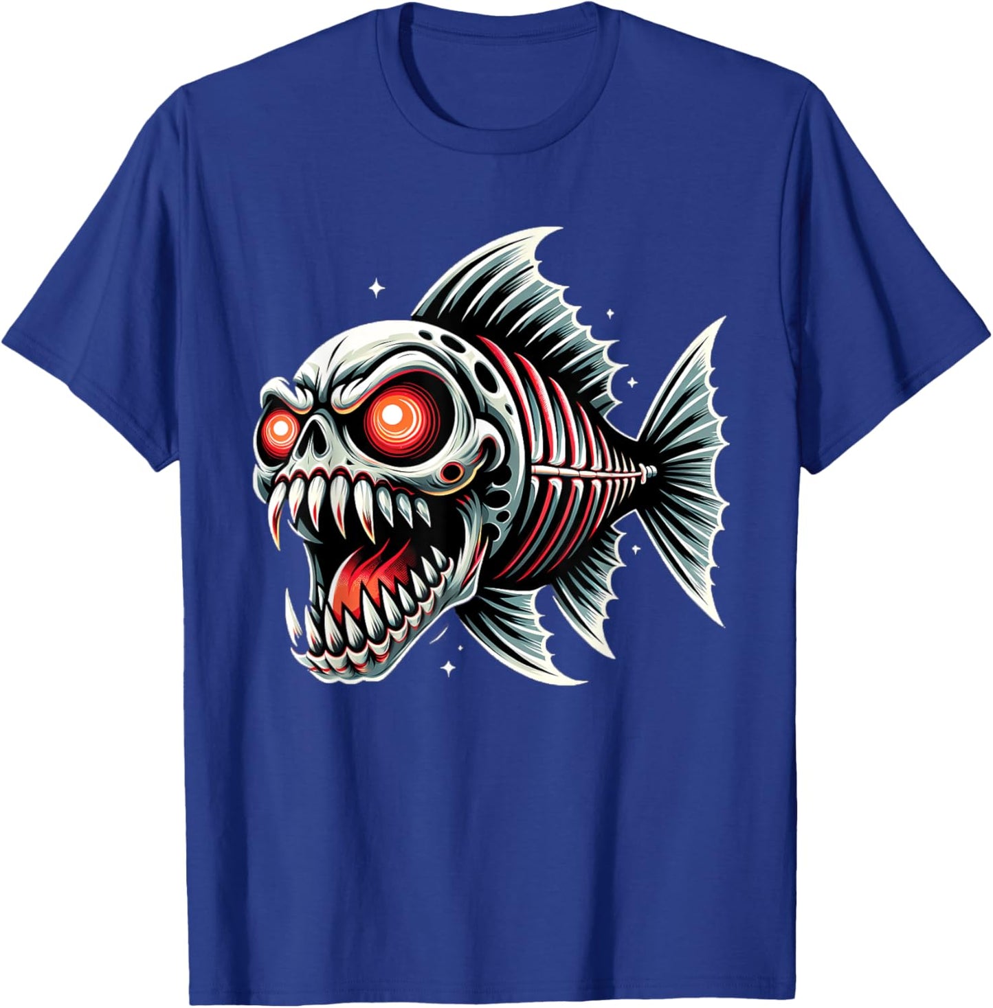 Funny Monster Skeletal Piranha Cartoon Drawing T-Shirt - T-Shirt | Royal