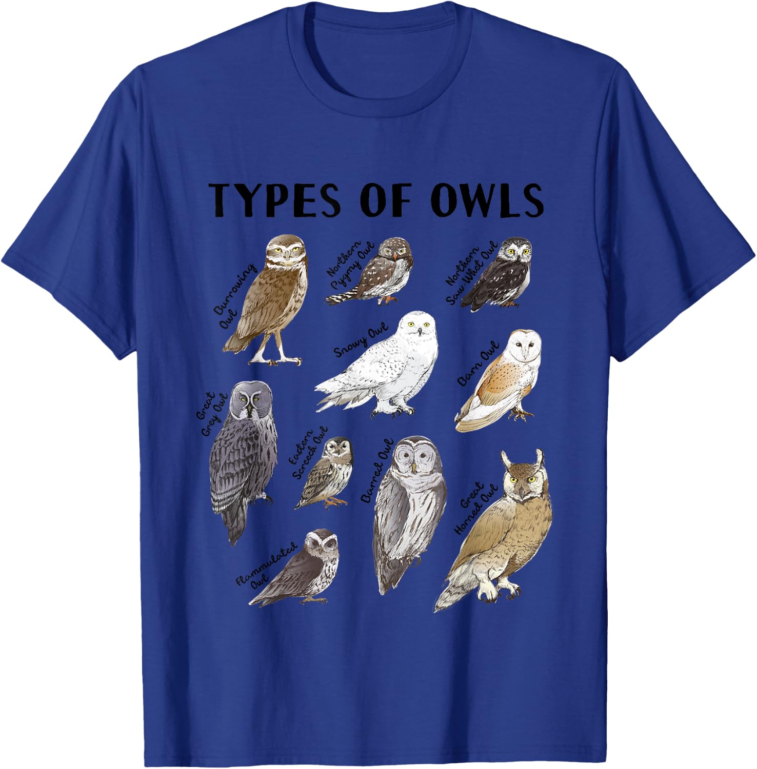 Types of Owls Educational Collection Cute Owl Lover T-Shirt - T-Shirt | Royal