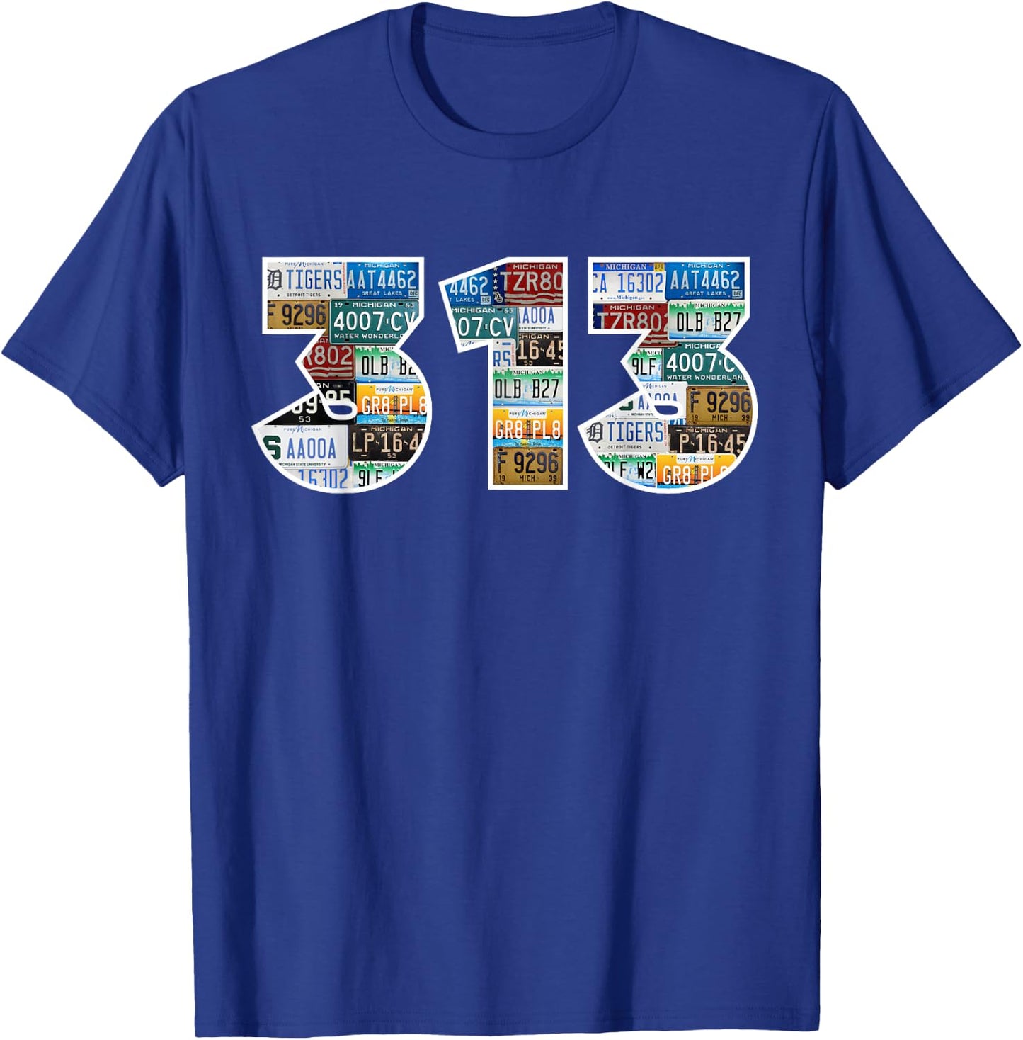 Detroit 313 License Plates Motor City Downtown Michigan T-Shirt - T-Shirt | Royal