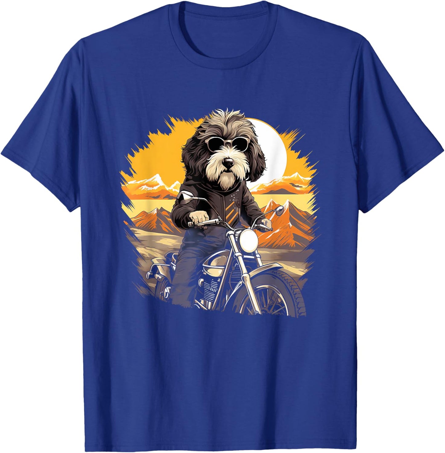 Biker Sheepadoodle Dog Riding Motorcycle T-Shirt - T-Shirt | Royal