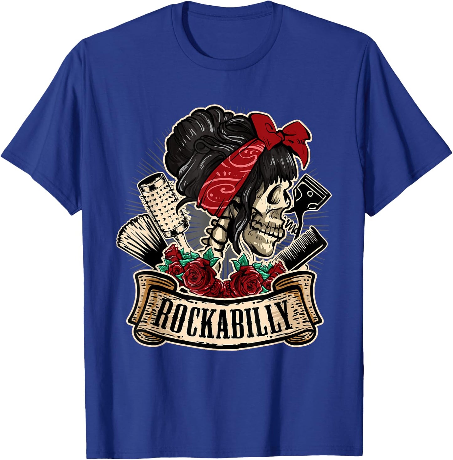 Rockabilly Girl Skull Pin-Up Hairstylist Hairdresser T-Shirt - T-Shirt | Royal