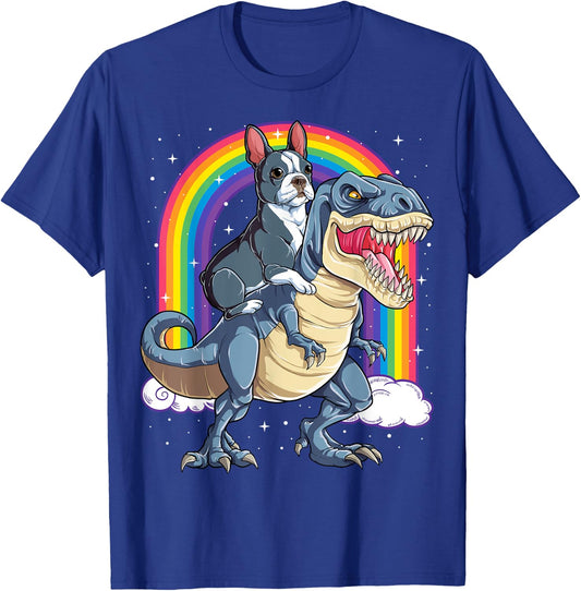Boston Terrier Riding Dinosaur T-rex Gifts Boys Kids Rainbow T-Shirt - T-Shirt | Royal