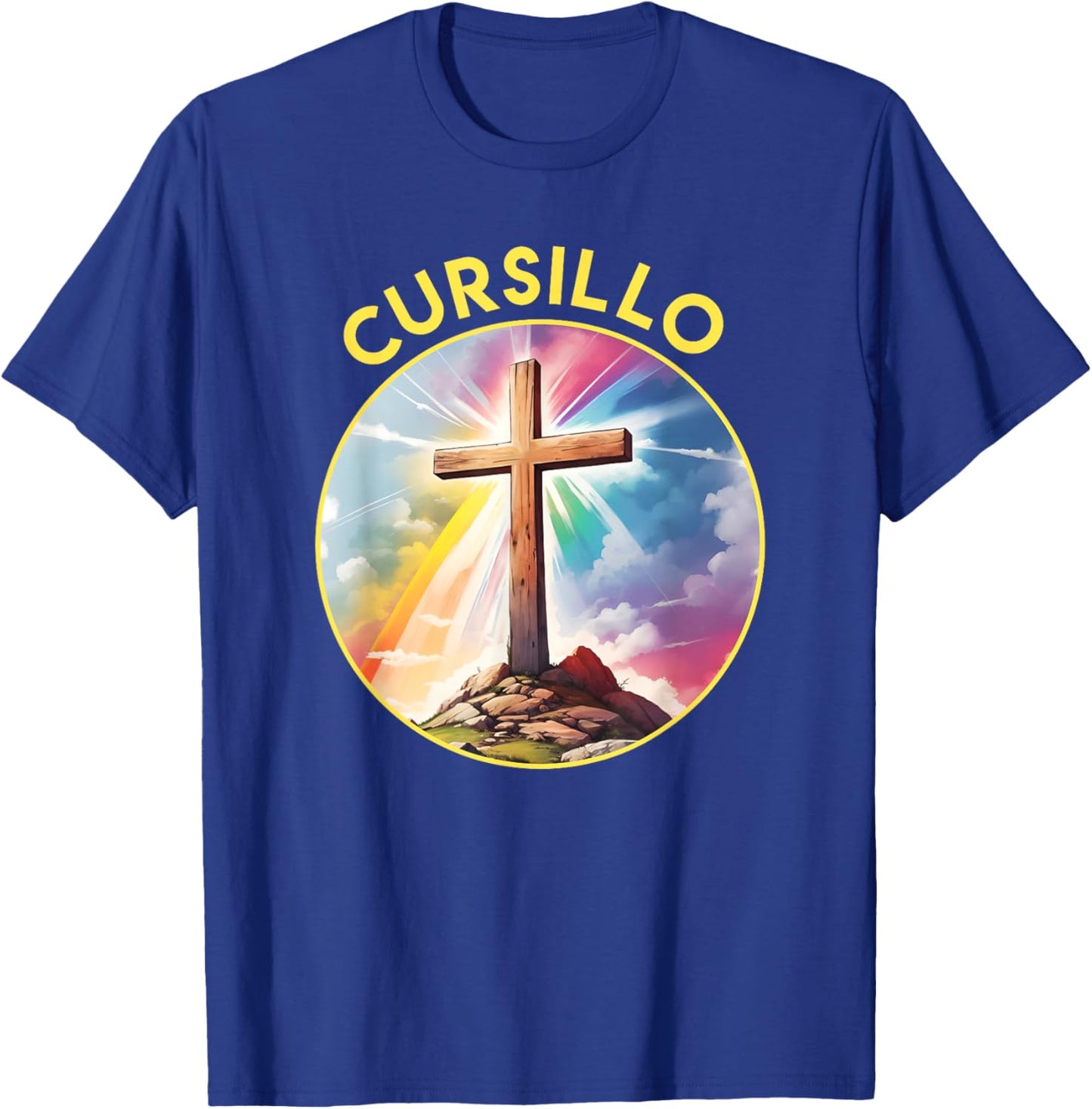 Cursillo Faith Wood Cross With Rainbow and Clouds T-Shirt - T-Shirt | Royal
