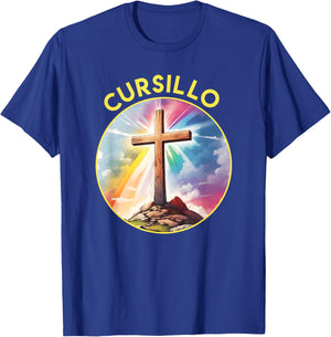 Cursillo Faith Wood Cross With Rainbow and Clouds T-Shirt - T-Shirt | Royal