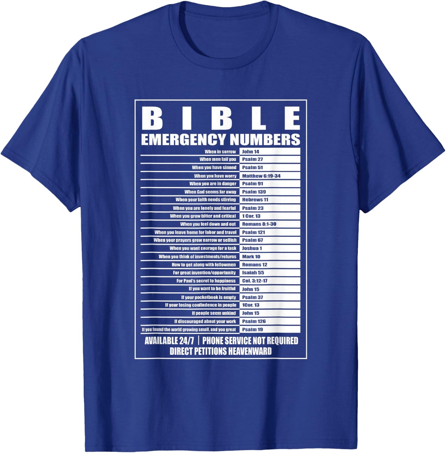 Bible Emergency Numbers Religious Christian T-Shirt - T-Shirt | Royal
