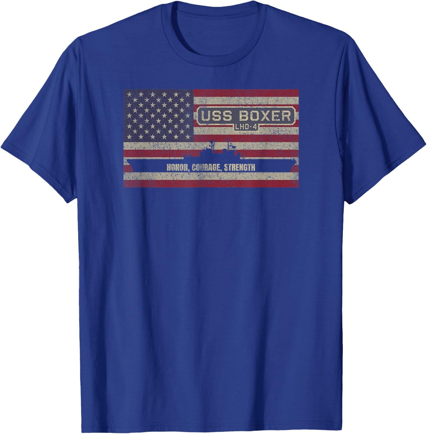 USS Boxer LHD-4 Amphibious Assault Ship USA American Flag T-Shirt - T-Shirt | Royal