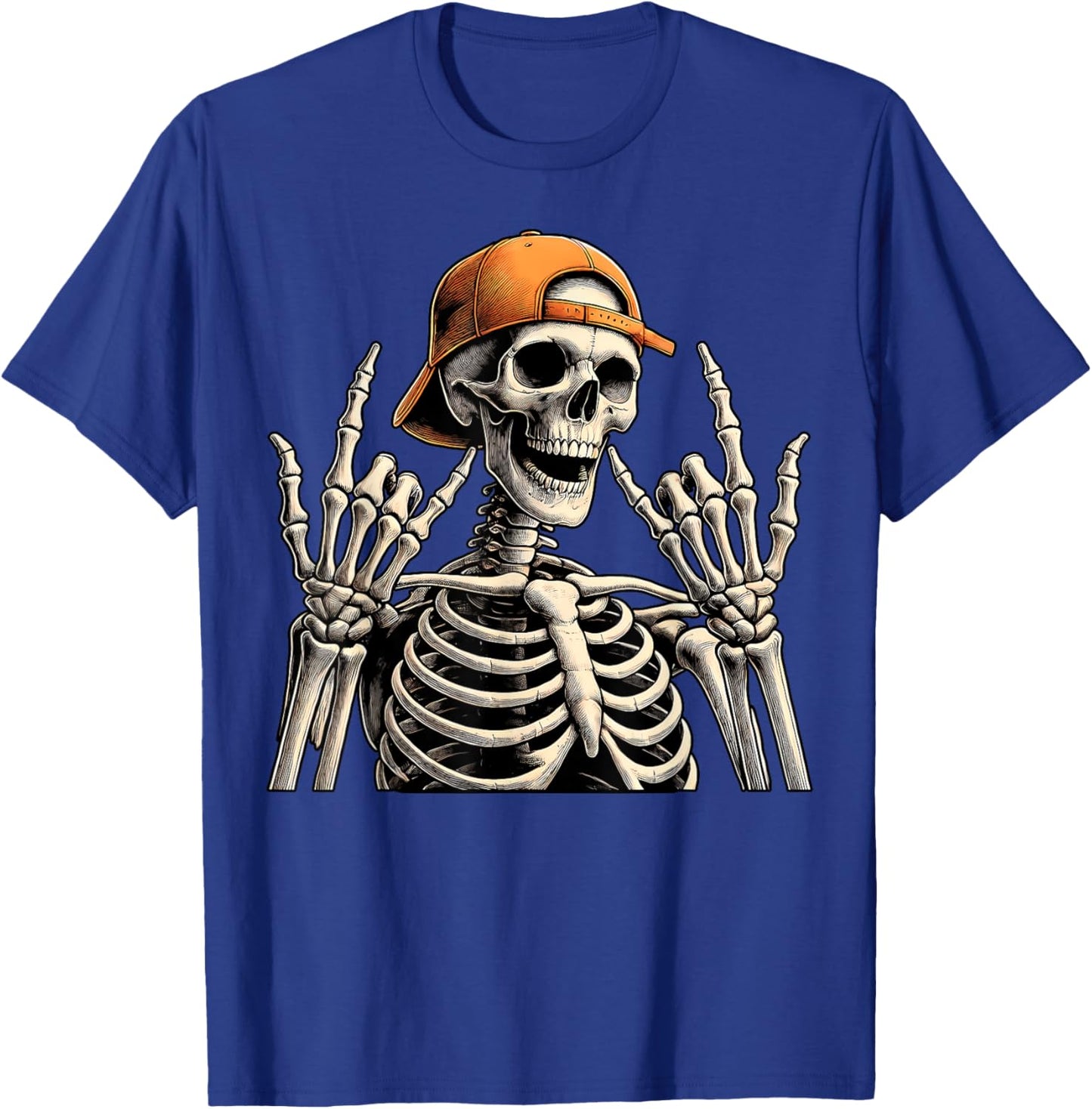 Retro Skeleton Halloween Rock Hand Sign Rock N Roll 90s T-Shirt - T-Shirt | Royal