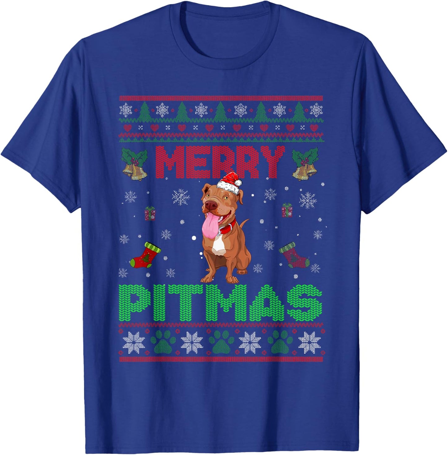Merry Pitmas Funny Pit Bull Christmas Sweater Gifts T-Shirt - T-Shirt | Royal
