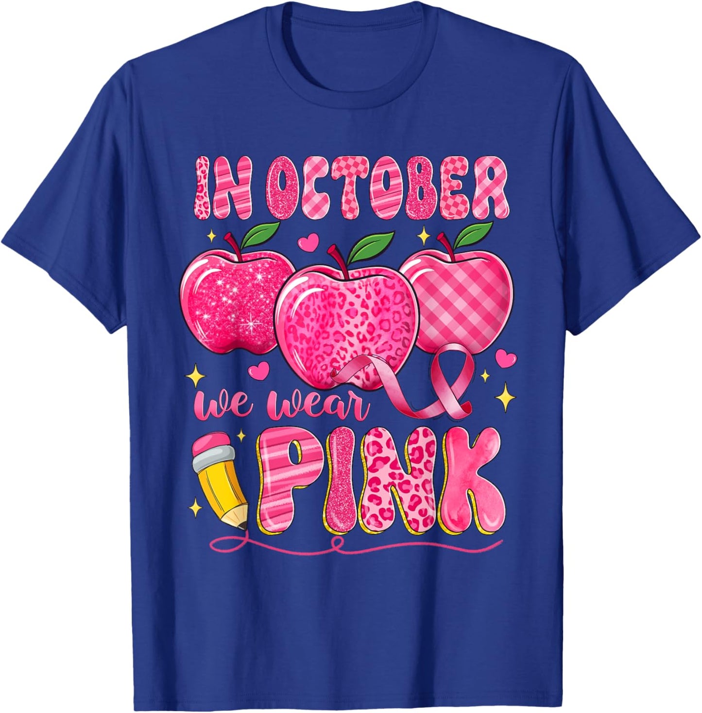 In October We Wear Pink Apple Teacher Leopard Breast Cancer T-Shirt - T-Shirt | Royal