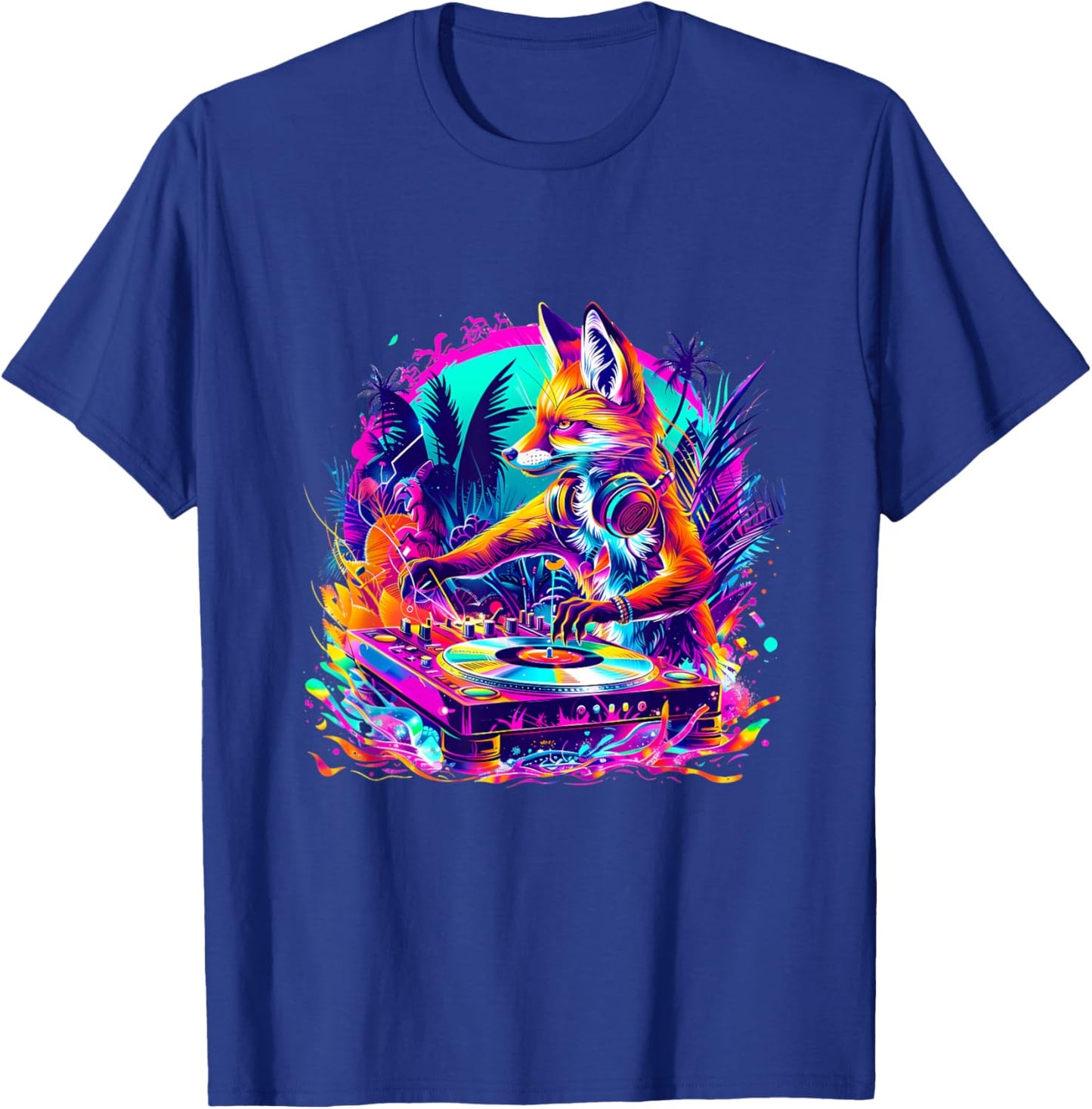 Fox Music DJ Techno House Music Colourful Turntable DJ Fox T-Shirt - T-Shirt | Royal