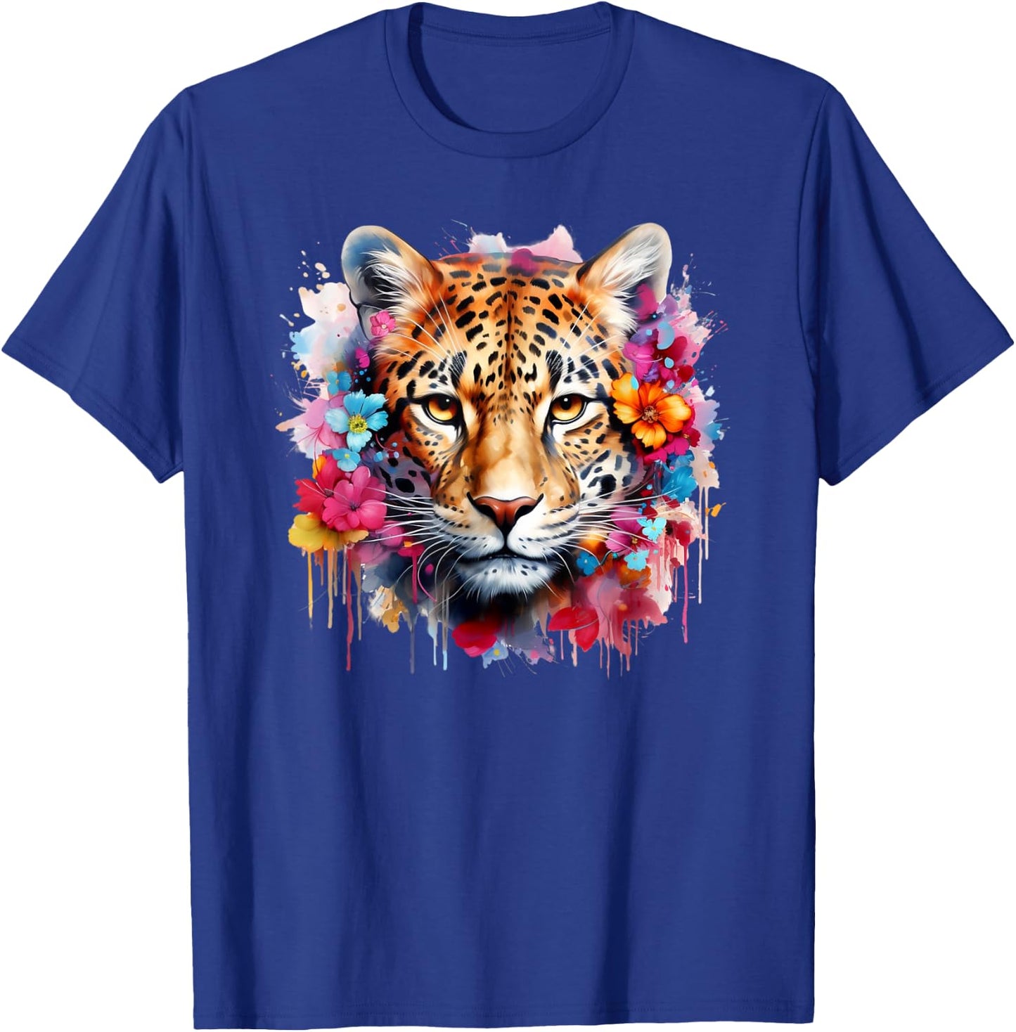 Colorful Leopard Portrait Flowers Floral Leopard Watercolor T-Shirt - T-Shirt | Royal