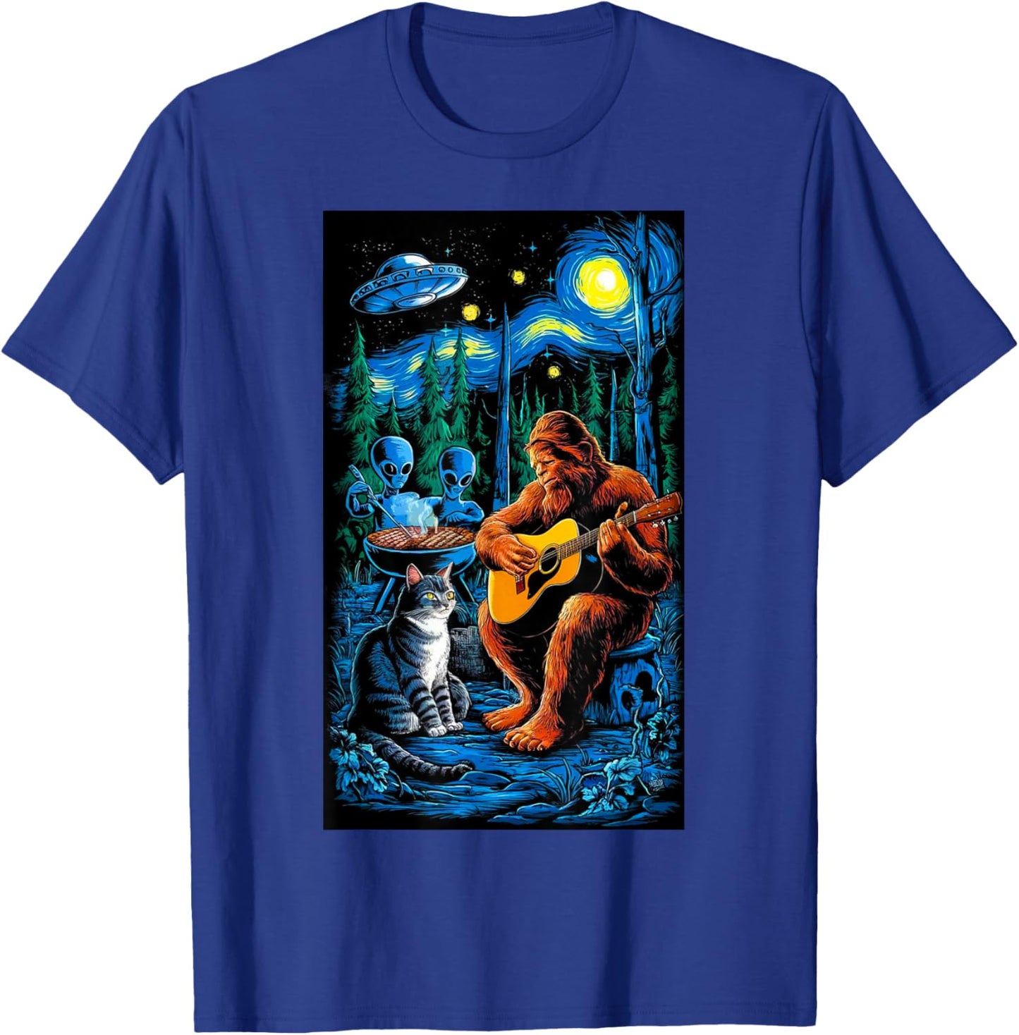 Funny Cat UFO Alien Bigfoot Sasquatch Camping Playing Guitar T-Shirt - T-Shirt | Royal
