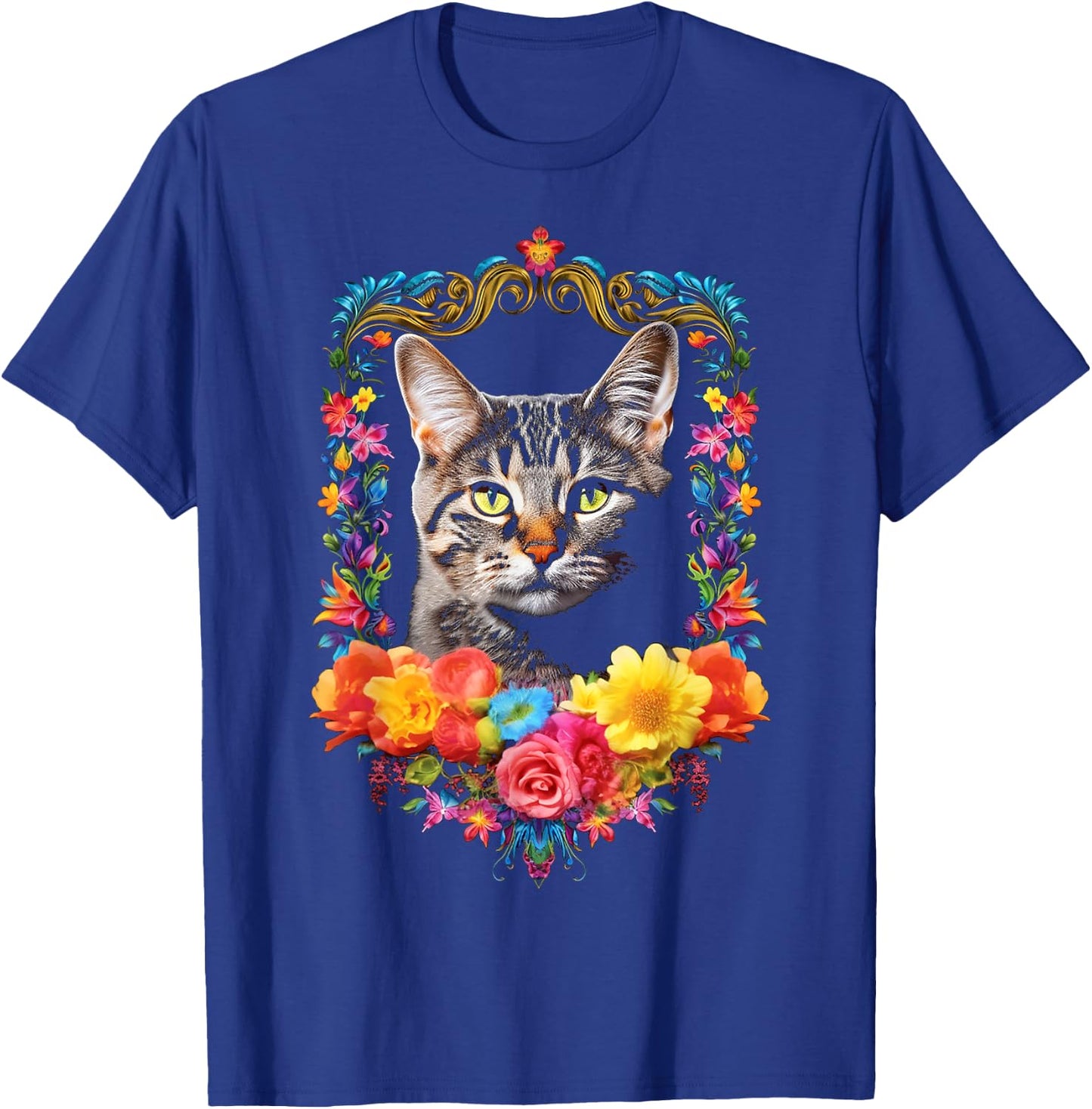 Cat Colorful Animal Flowers Art Face Graphic Cat Men Women Kids T-Shirt - T-Shirt | Royal