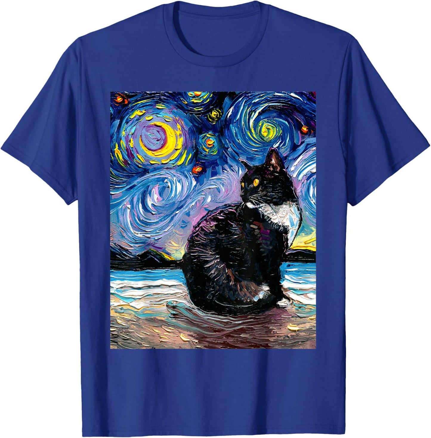 Tuxedo Cat on Beach Starry Night Impressionist Kitty Artwork T-Shirt - T-Shirt | Royal