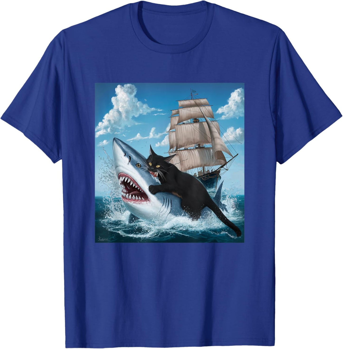 Cat Biting Shark Humorous Playful Funny Black Cat Bit Shark Women Kids T-Shirt - T-Shirt | Royal