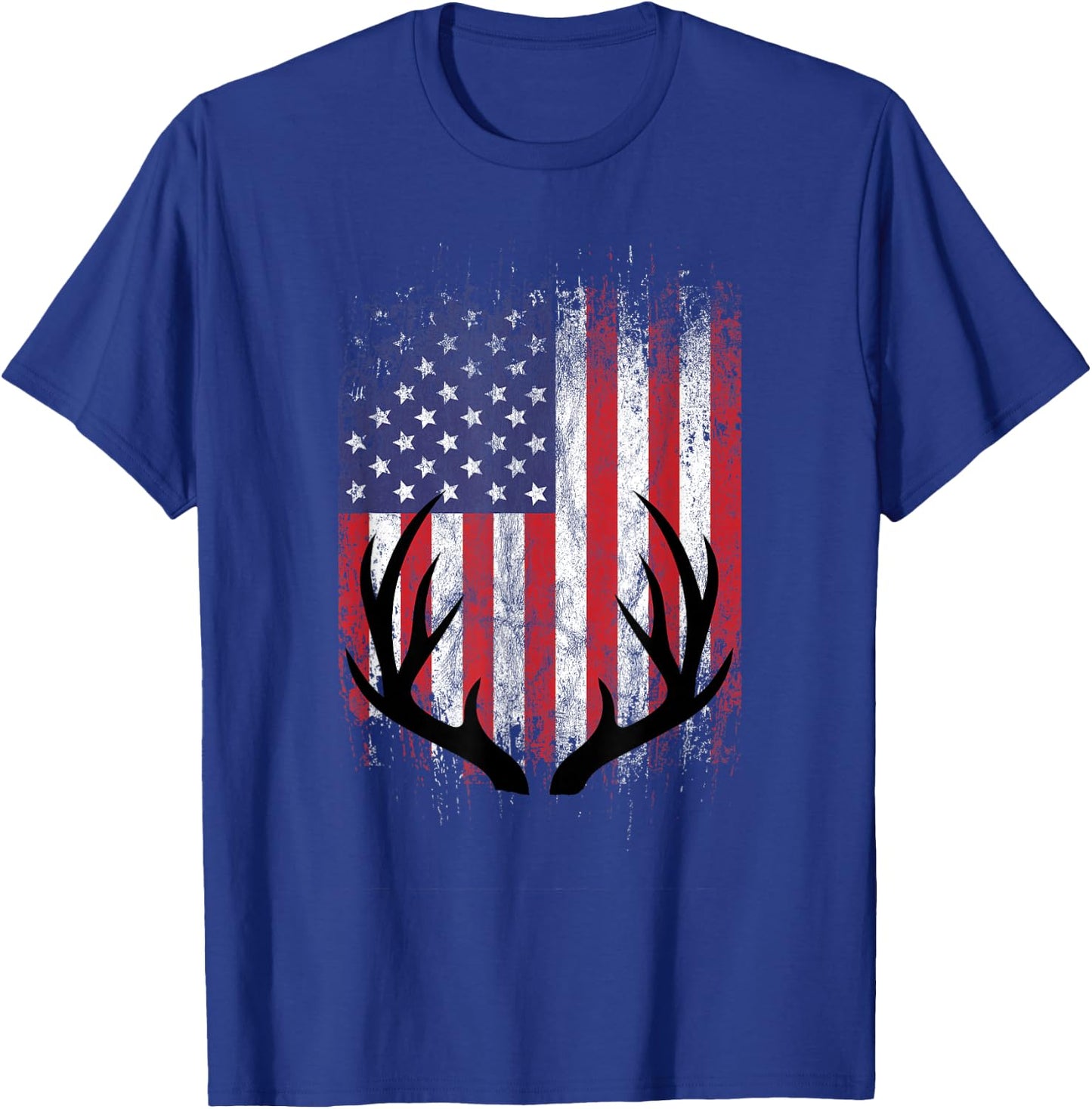 Deer Hunting American Flag Whitetail Buck Antlers Short Sleeve T-Shirt - T-Shirt | Royal