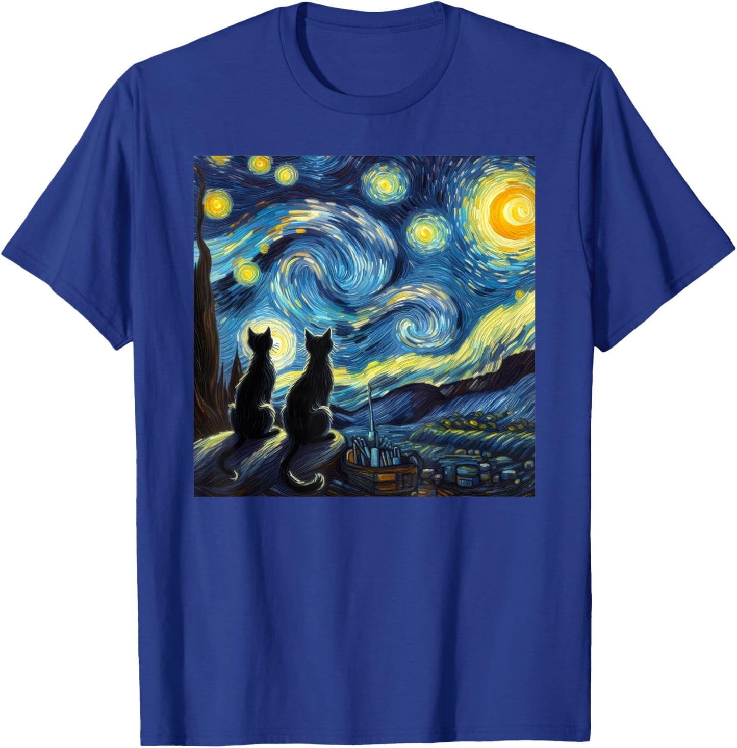 Black Cats Lover Starry Night Van Gogh T-Shirt - T-Shirt | Royal