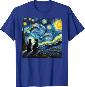 Black Cats Lover Starry Night Van Gogh T-Shirt - T-Shirt | Royal