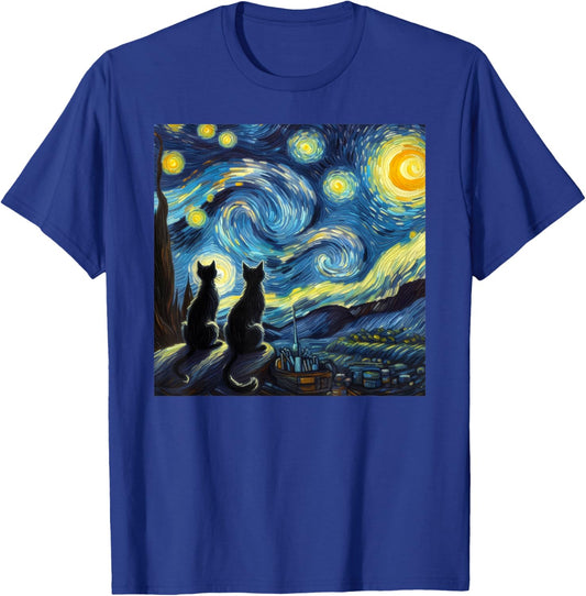 Black Cats Lover Starry Night Van Gogh T-Shirt - T-Shirt | Royal