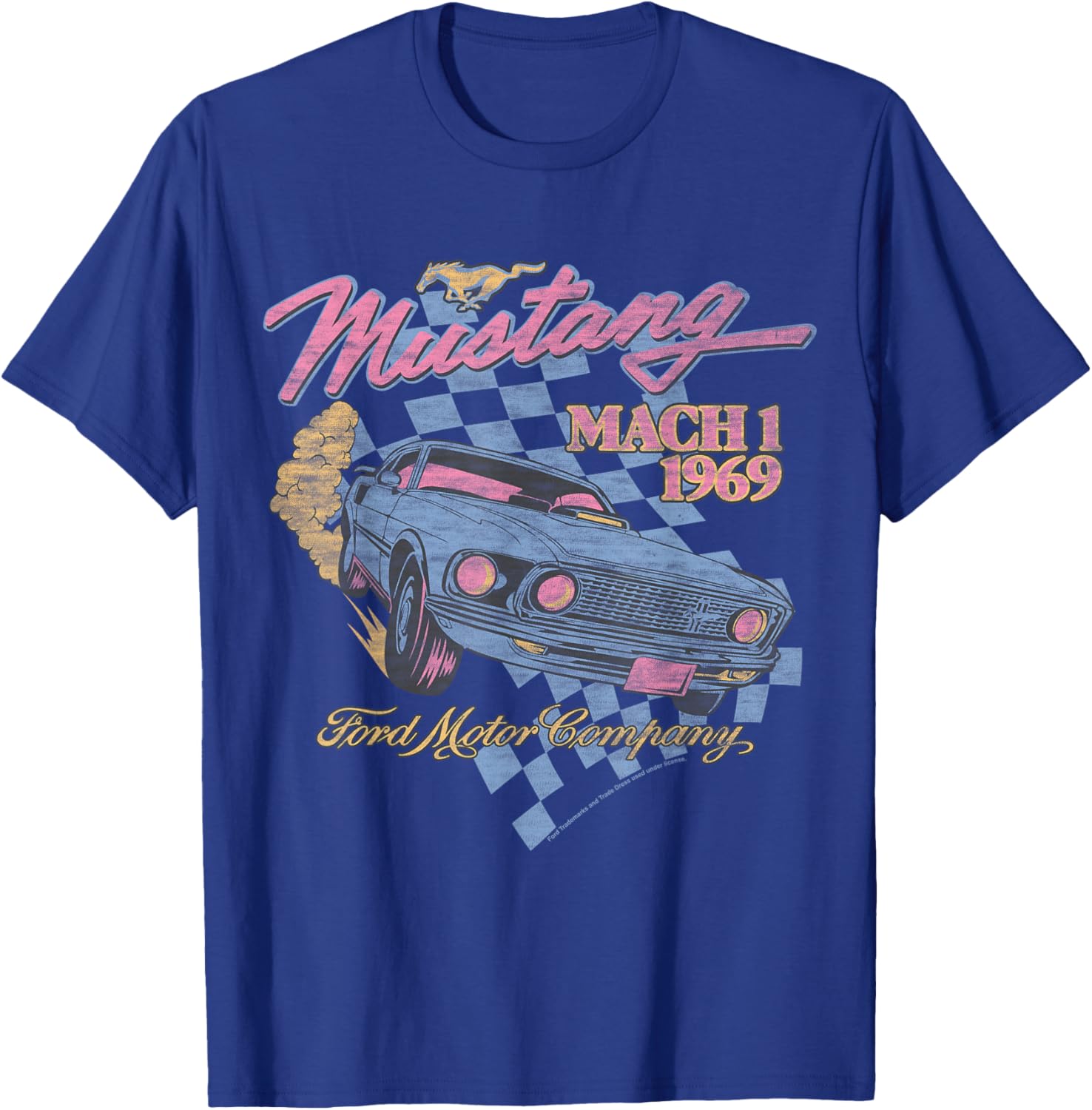 Ford - Blue Mustang Mach 1 1969 Checkered Background T-Shirt - T-Shirt | Royal