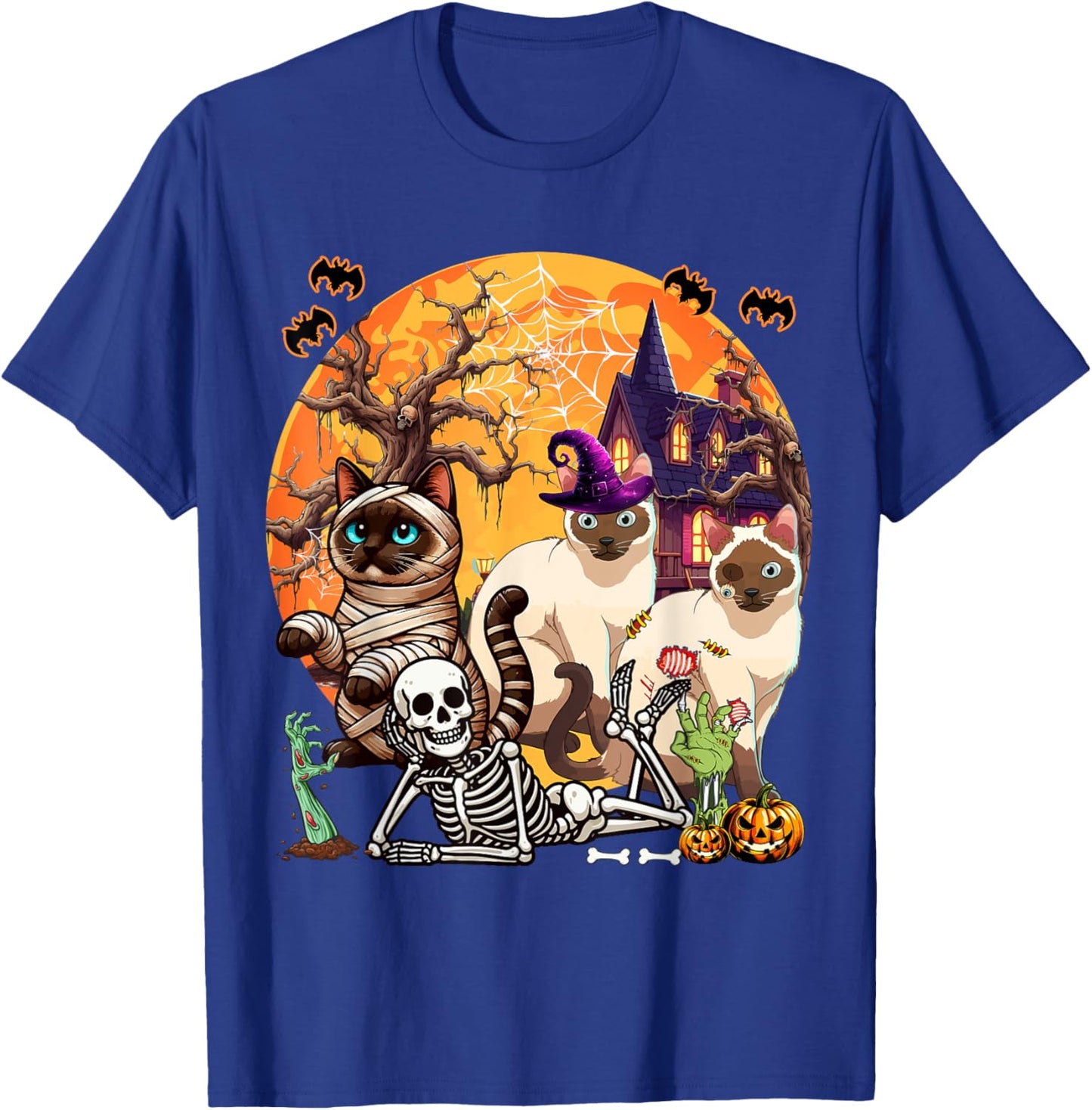 Three Horror Siamese Cats Cosplay Witch Halloween Skeleton T-Shirt - T-Shirt | Royal