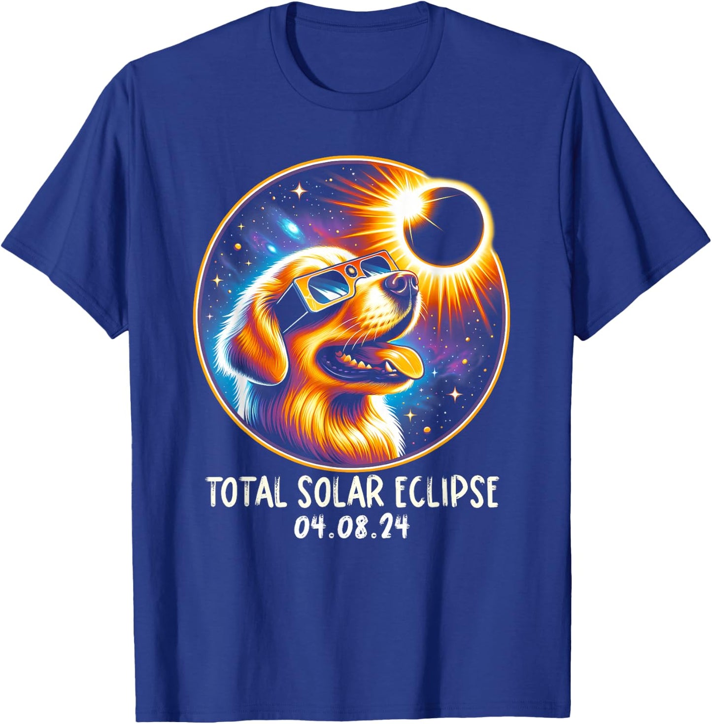 Solar Eclipse Golden Retriever Wearing Glasses April 8 2024 T-Shirt - T-Shirt | Royal