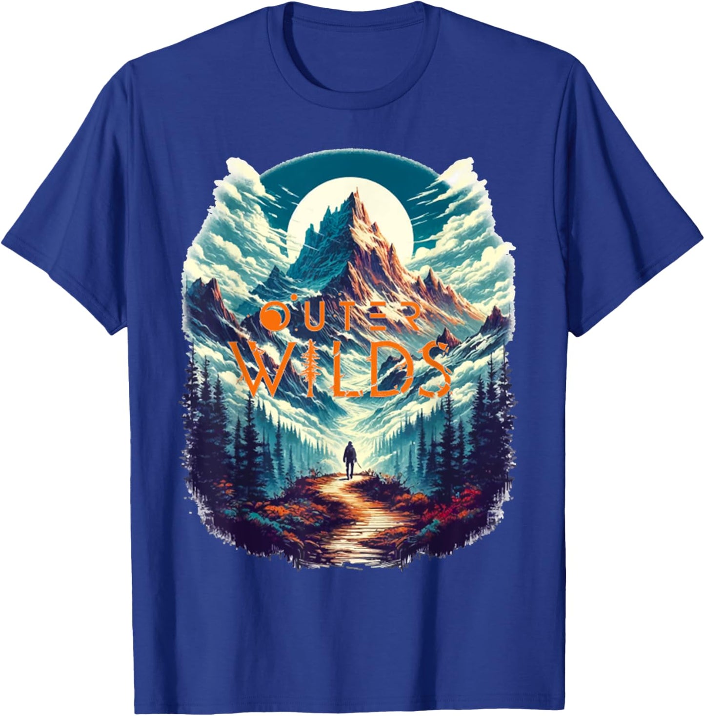 Retro Outer Wilds Text Moon Mountain Forest Tree House Sun T-Shirt - T-Shirt | Royal