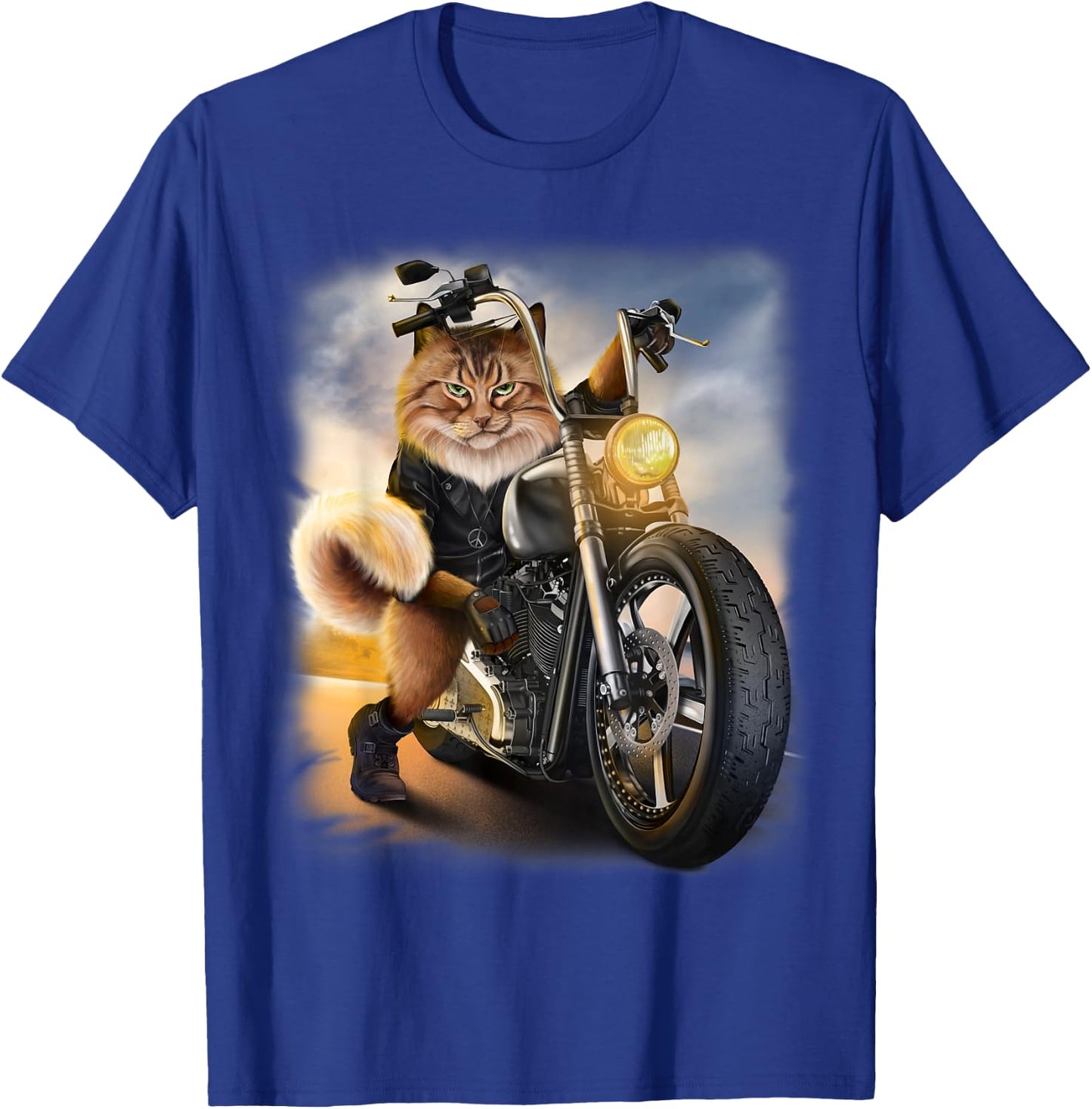 Biker Tabby Cat Riding Chopper Motorcycle Women Kids T-Shirt - T-Shirt | Royal