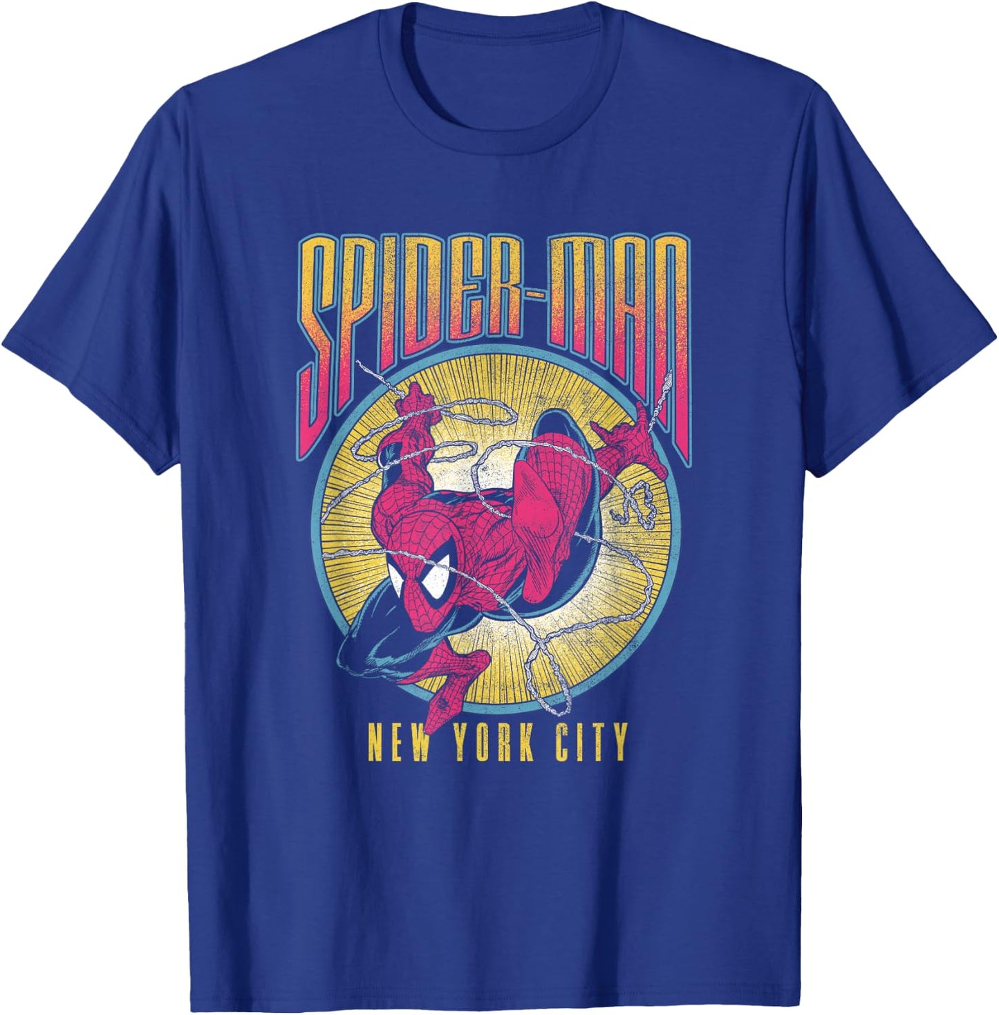 Marvel Spider-Man Swinging Through NYC Distressed Big Poster T-Shirt - T-Shirt | Royal
