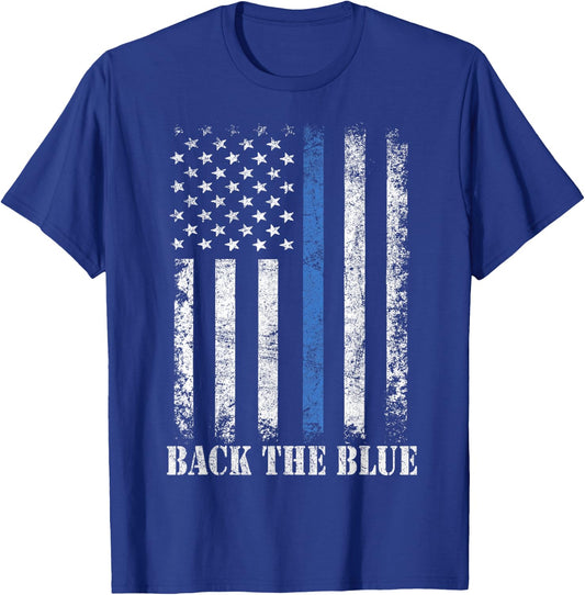 Thin Blue Line Back The Blue American Flag Police Support T-Shirt - T-Shirt | Royal
