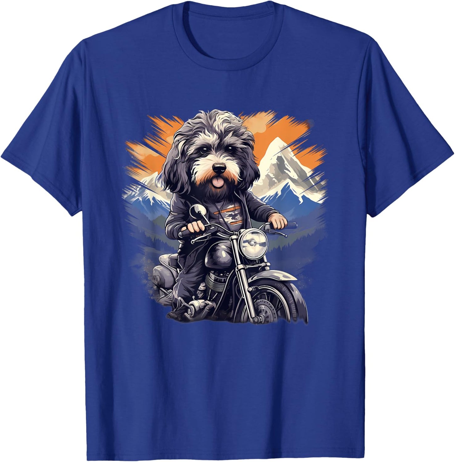 Biker Aussiedoodle Dog Riding Motorbike T-Shirt - T-Shirt | Royal