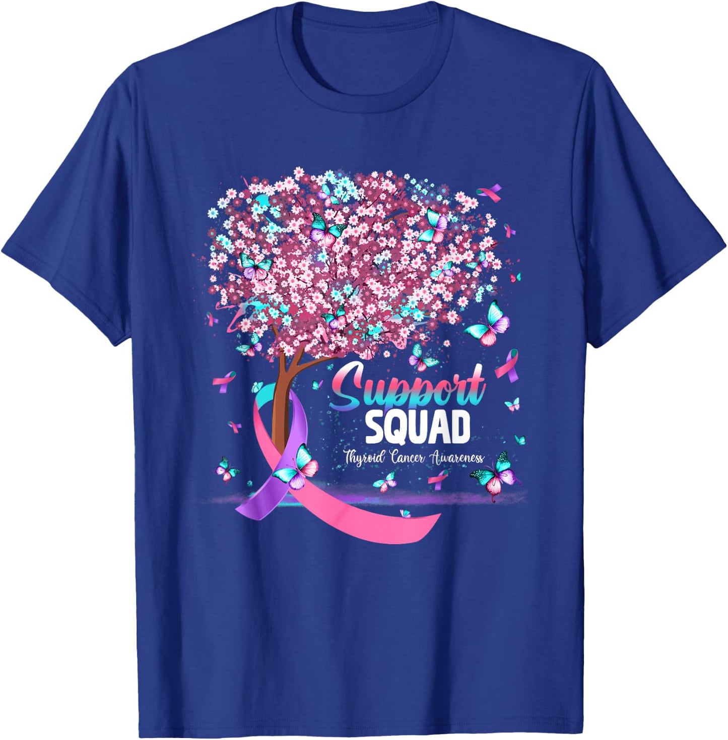 Support Squad Butterfly Purple Pink Ribbon Thyroid Cancer T-Shirt - T-Shirt | Royal