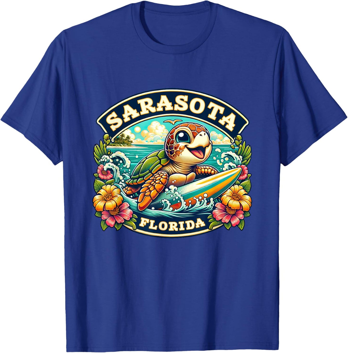 Sarasota Florida Cute Sea Turtle Surfing T-Shirt - T-Shirt | Royal