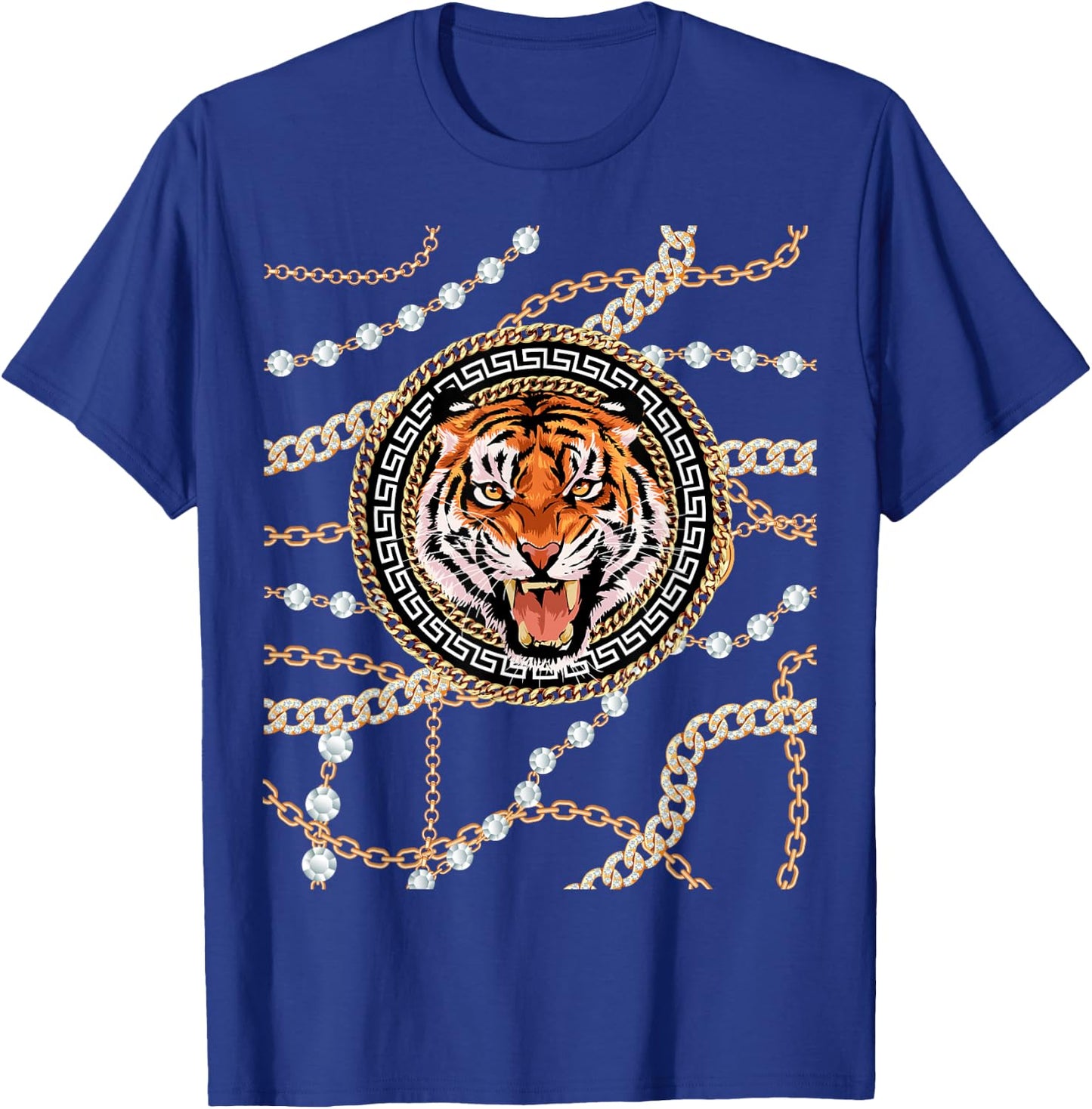 Rich Wild Tiger with Printed Gold Chains & Diamonds Style T-Shirt - T-Shirt | Royal
