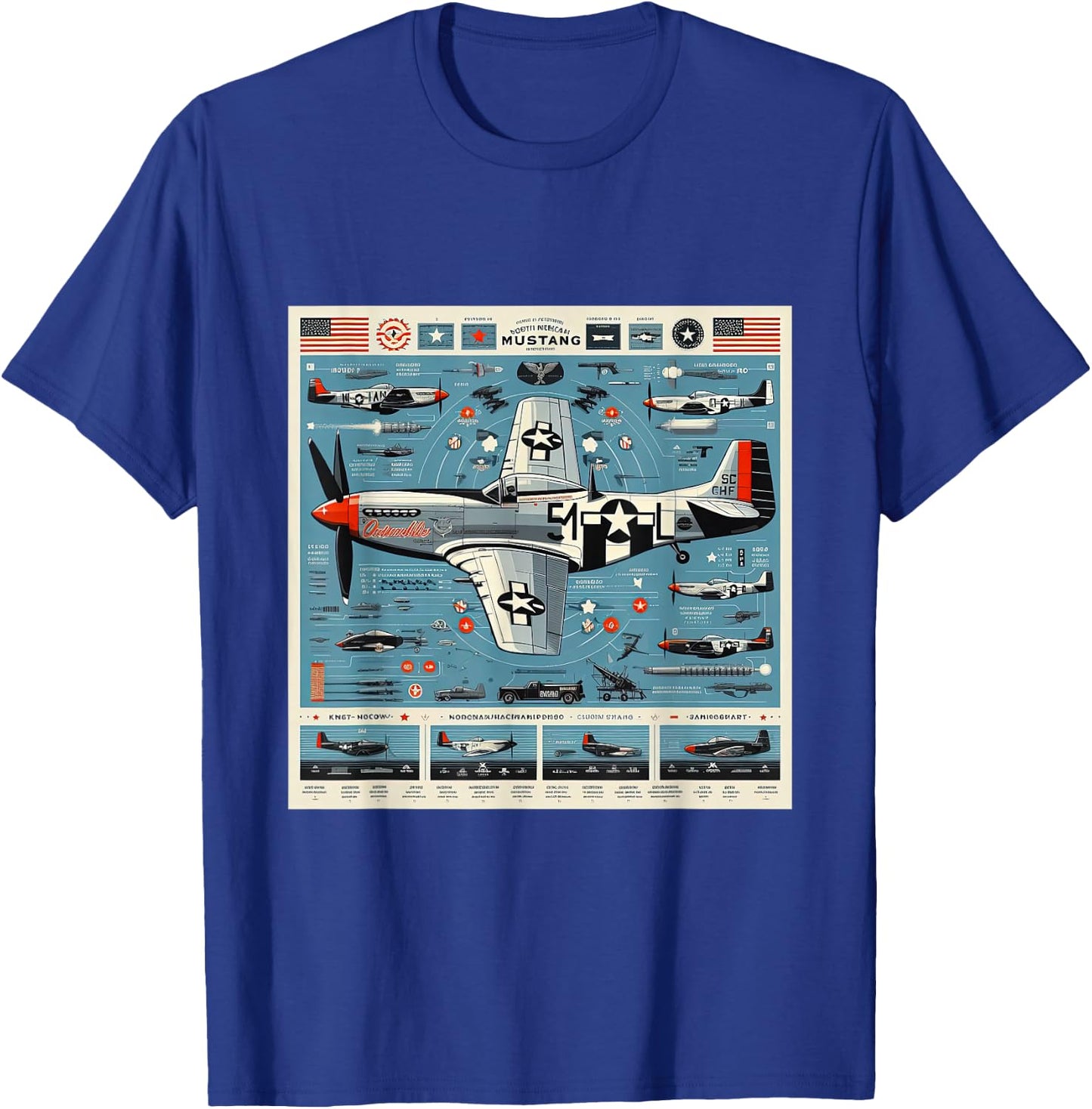P51 Mustang WW2 Warplane Airplane Infographics T-Shirt - T-Shirt | Royal