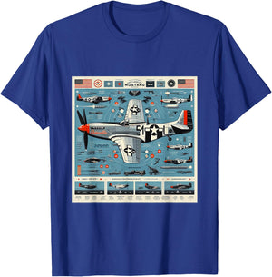 P51 Mustang WW2 Warplane Airplane Infographics T-Shirt - T-Shirt | Royal