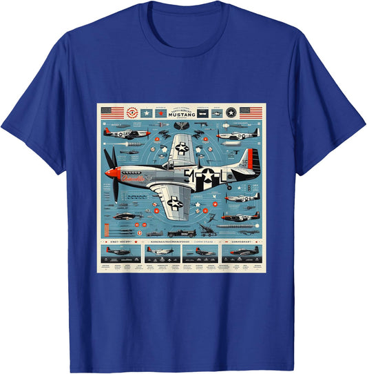 P51 Mustang WW2 Warplane Airplane Infographics T-Shirt - T-Shirt | Royal