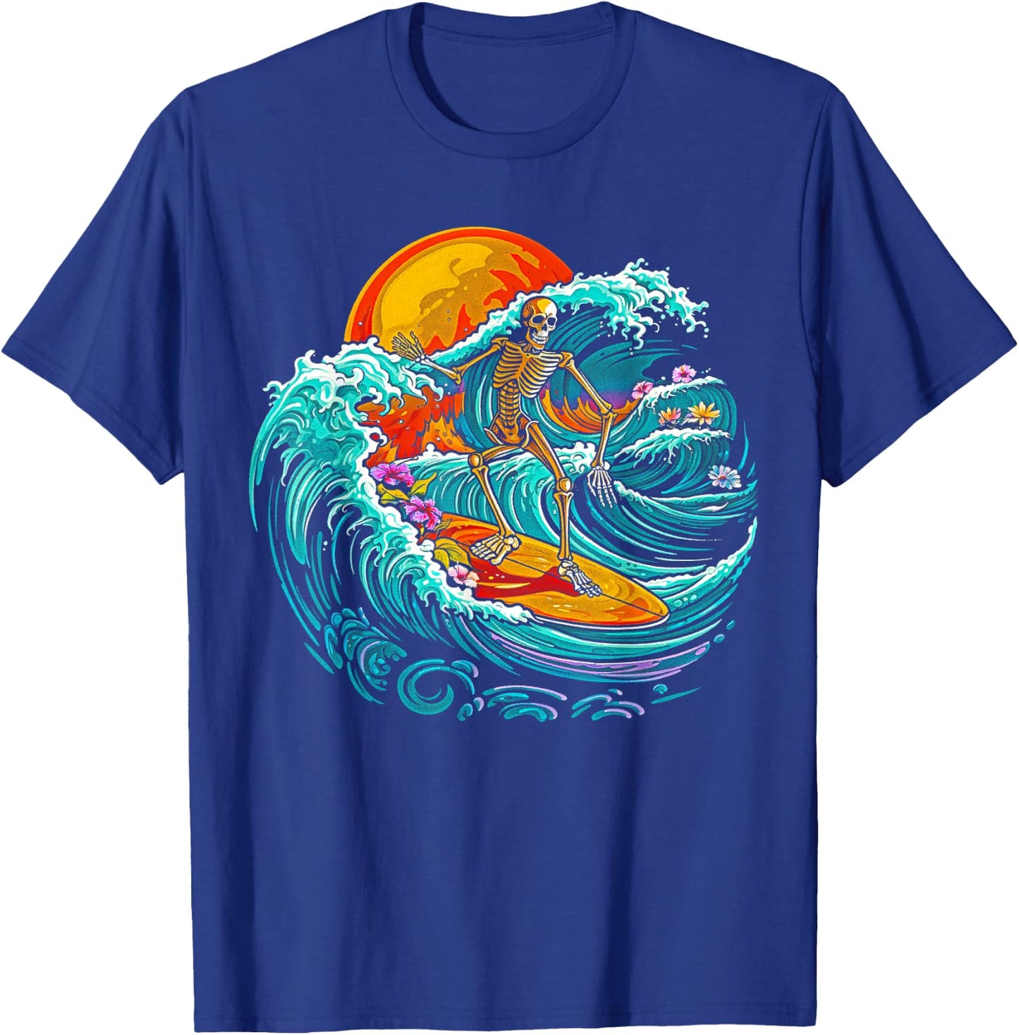Skull Skeleton Surfer Wave Beach Vintage Funny 80s 80s T-Shirt - T-Shirt | Royal