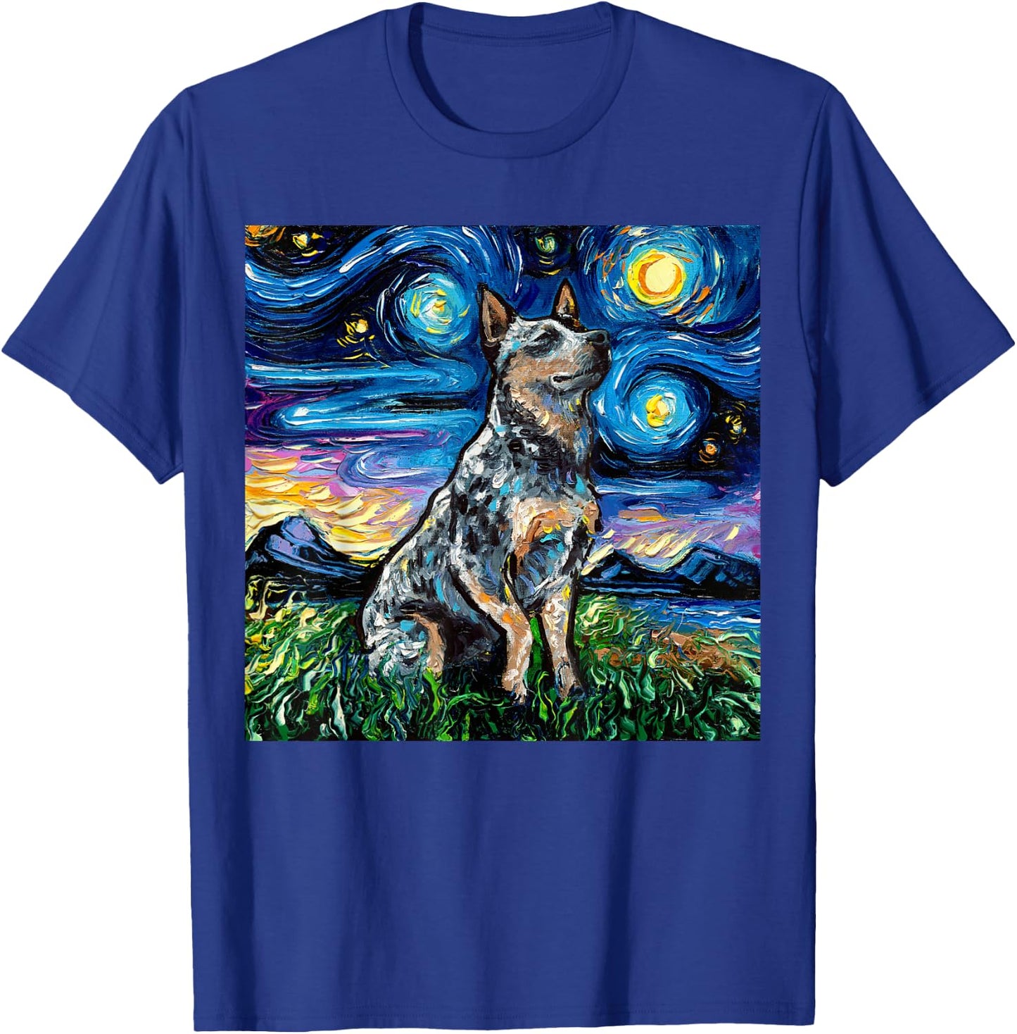 Blue Heeler Starry Night Australian Cattle Dog Art by Aja T-Shirt - T-Shirt | Royal