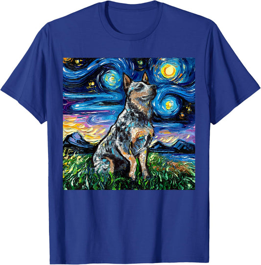 Blue Heeler Starry Night Australian Cattle Dog Art by Aja T-Shirt - T-Shirt | Royal