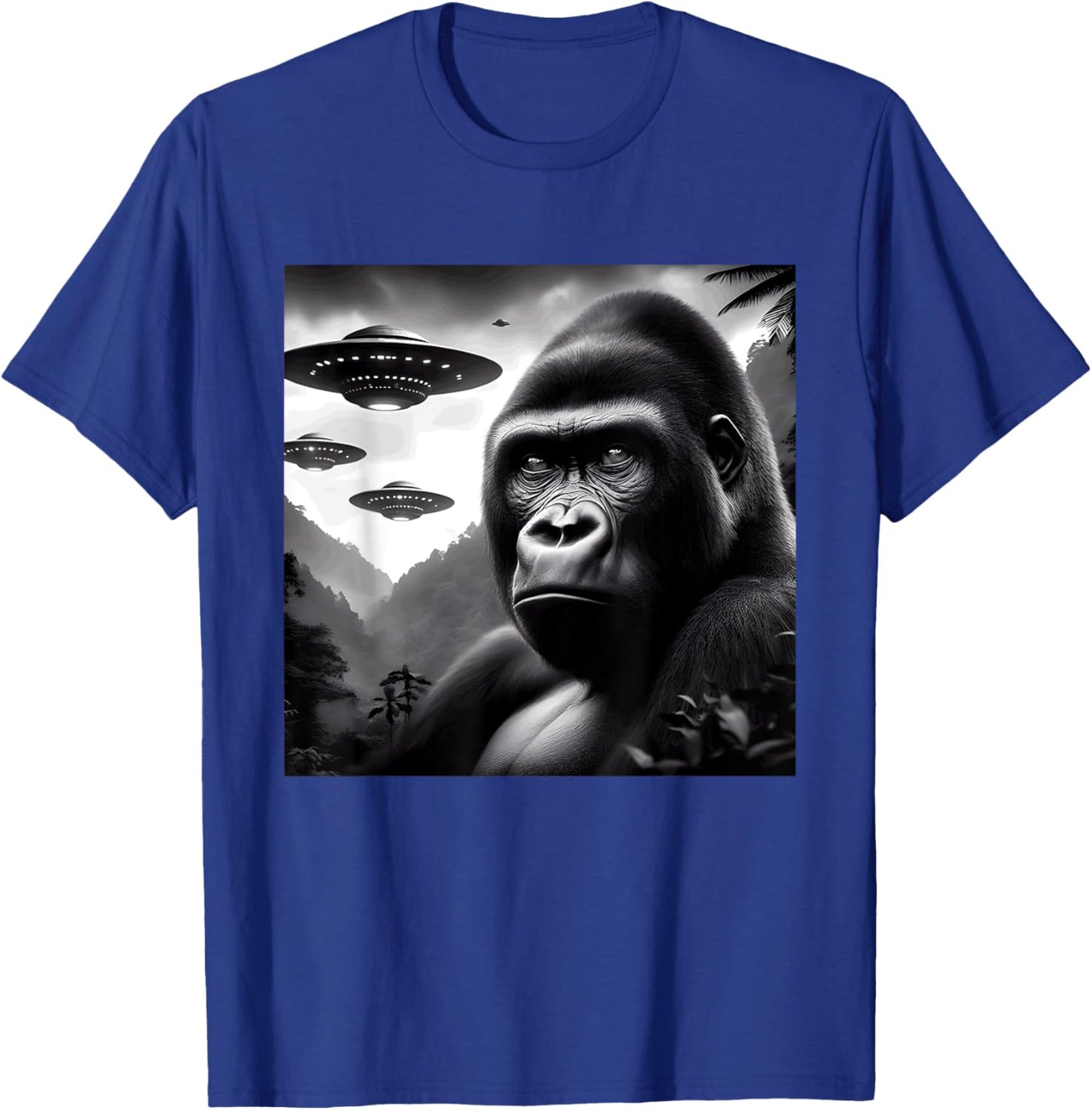 Gorilla Monkey Funny Graphic Selfie with UFOs Weird Aliens T-Shirt - T-Shirt | Royal