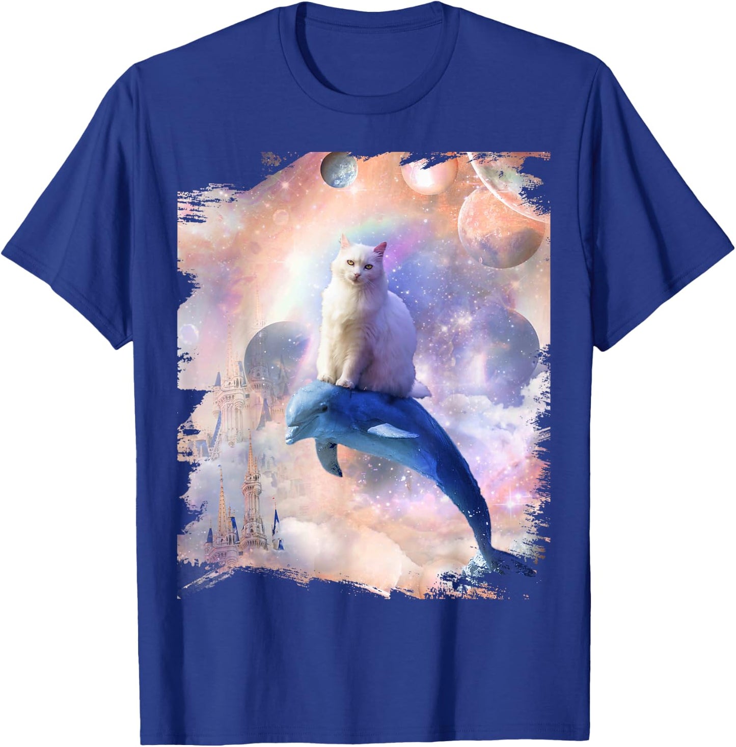 Space Cat Riding Dolphin Men Women Kids T-Shirt - T-Shirt | Royal