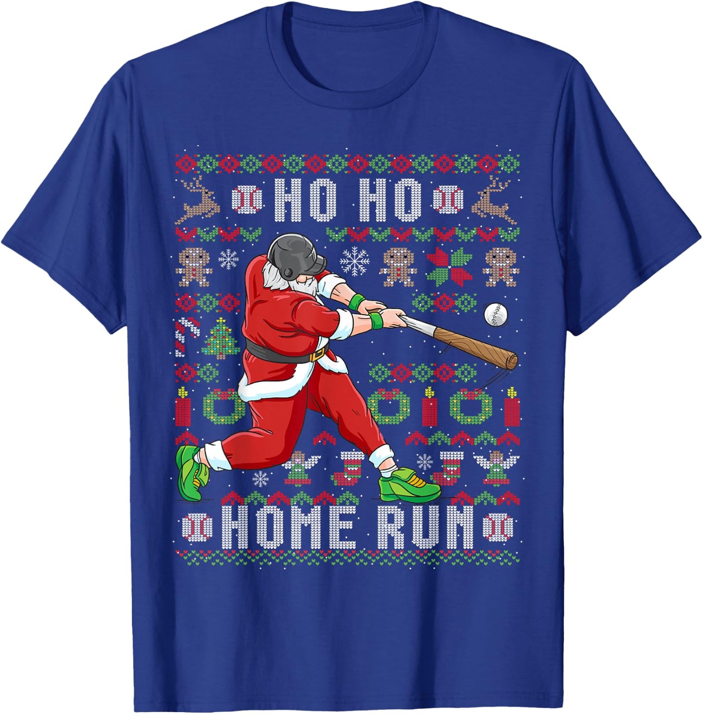 Ugly Christmas Baseball Ho Ho Home Run Funny Gift T-Shirt - T-Shirt | Royal