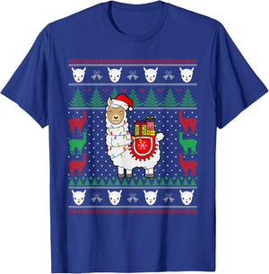 Christmas Llama Santa Hat Cute Ugly Xmas Sweater Funny Gift T-Shirt - T-Shirt | Royal