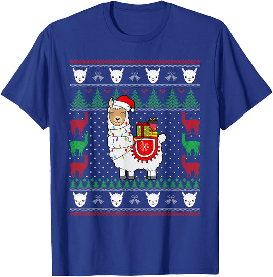 Christmas Llama Santa Hat Cute Ugly Xmas Sweater Funny Gift T-Shirt - T-Shirt | Royal