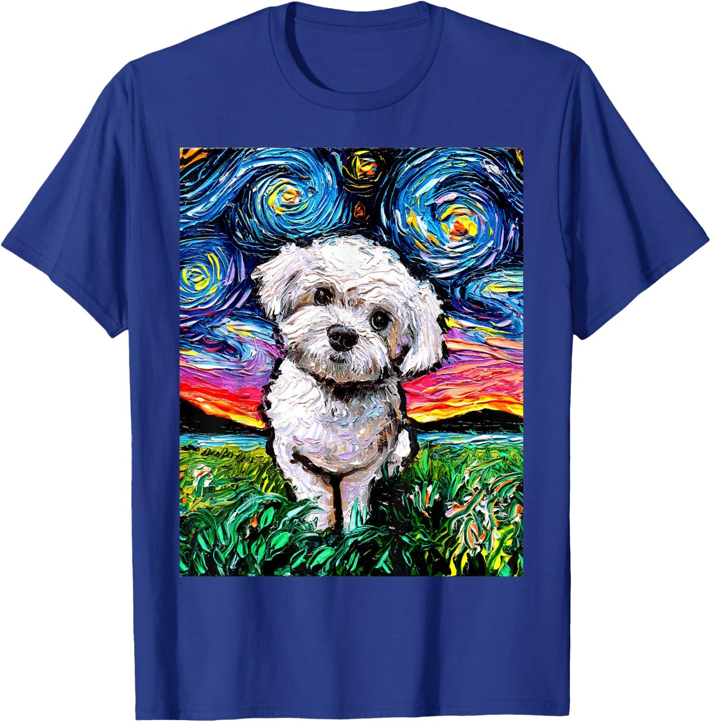 Maltipoo Starry Night White Maltese Poodle Dog Lover Artwork T-Shirt - T-Shirt | Royal