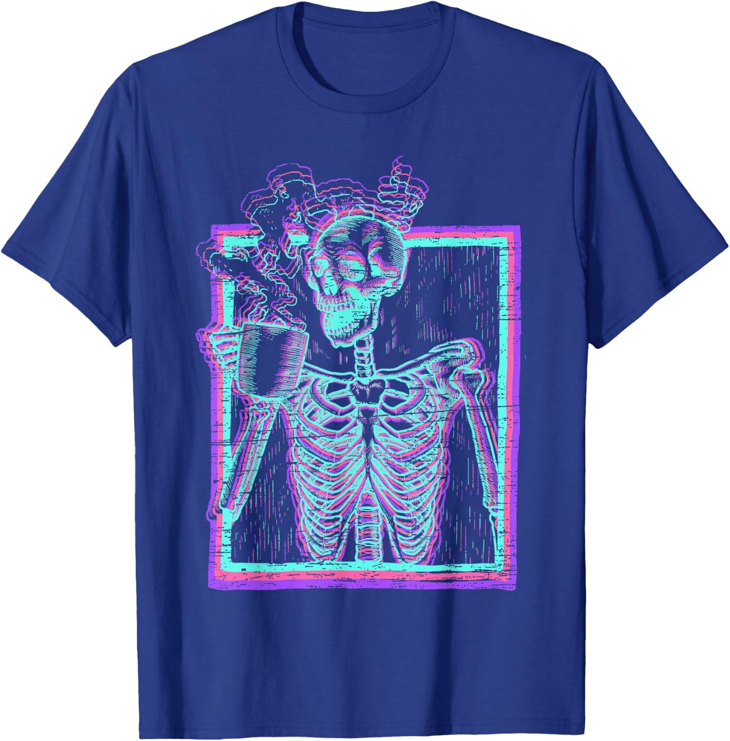 Distressed Synthwave Skeleton Vaporwave Smiling Skull Coffee T-Shirt - T-Shirt | Royal