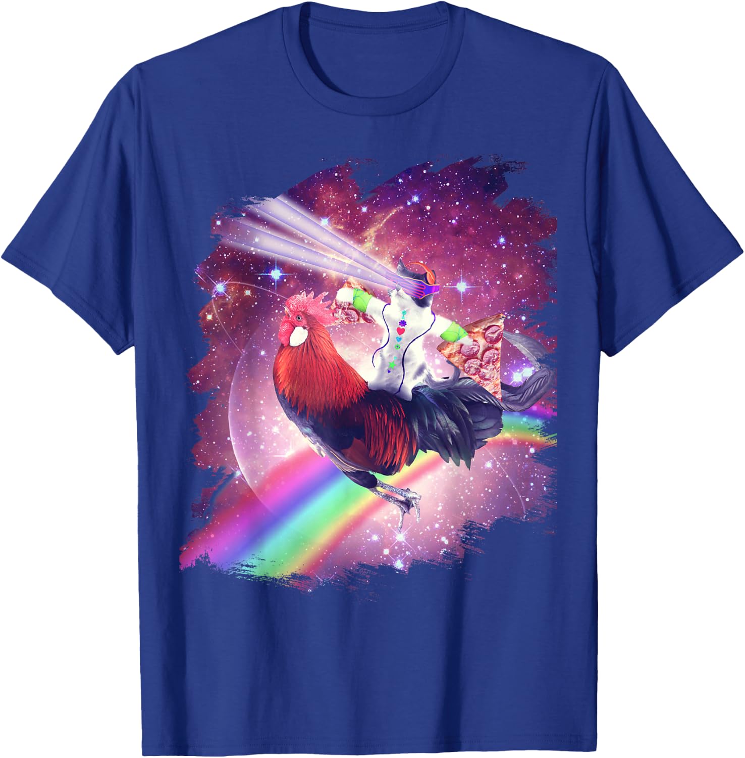 Lazer Rave Space Cat Riding Chicken With Pizza T-Shirt - T-Shirt | Royal