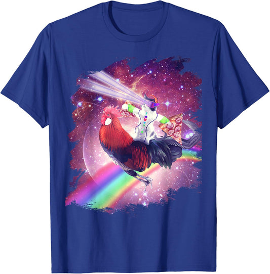 Lazer Rave Space Cat Riding Chicken With Pizza T-Shirt - T-Shirt | Royal