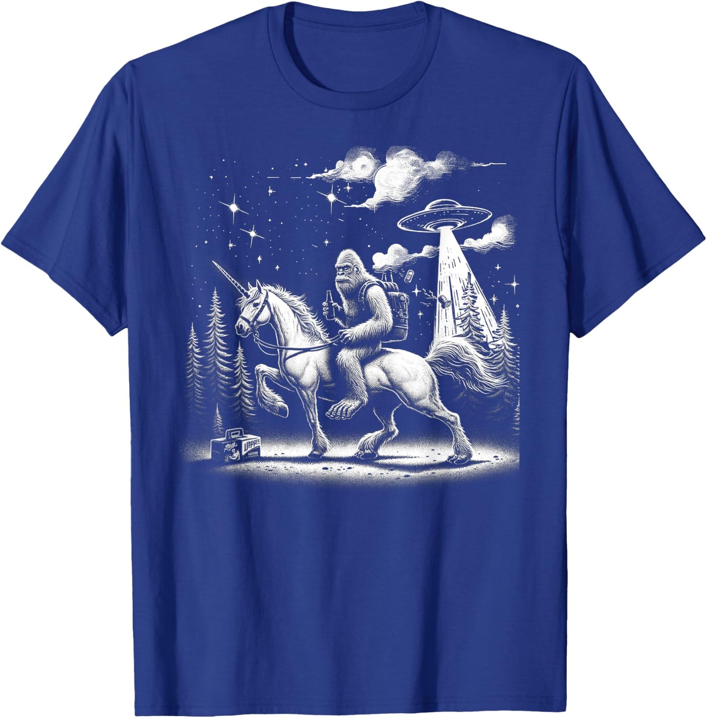 Bigfoot Riding a Unicorn, Full Moon and a UFO Alien T-Shirt - T-Shirt | Royal